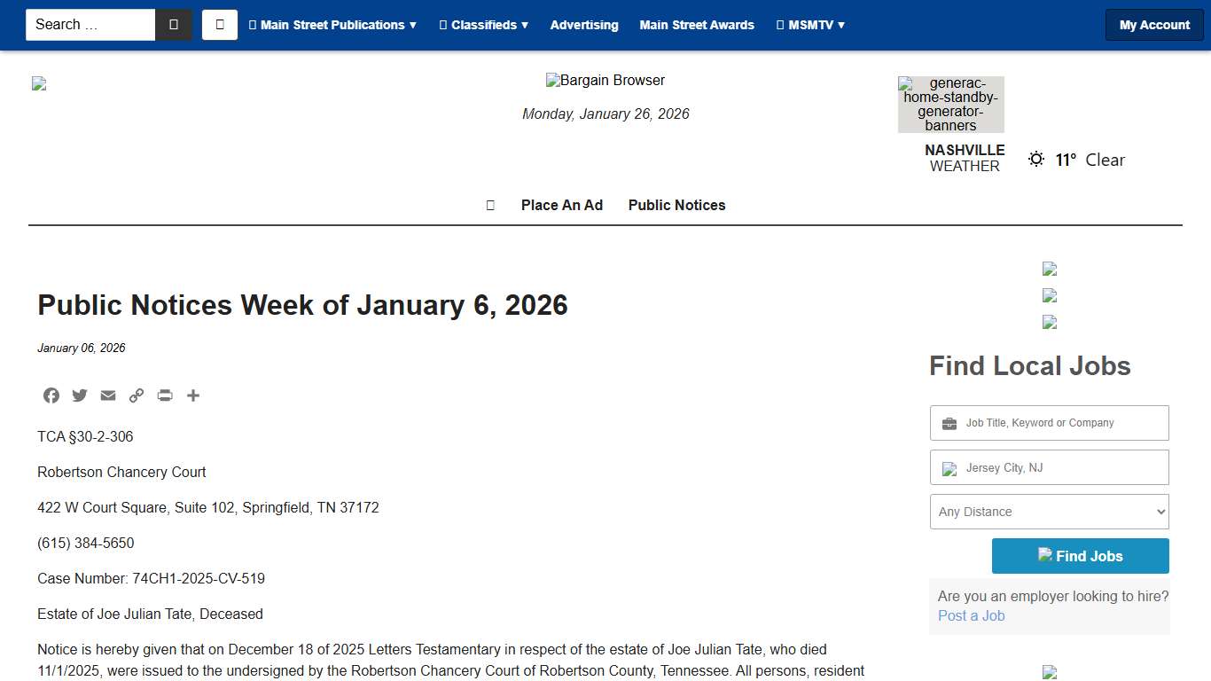 Public Notices Week of January 6, 2026 - Main Street Media of Tennessee