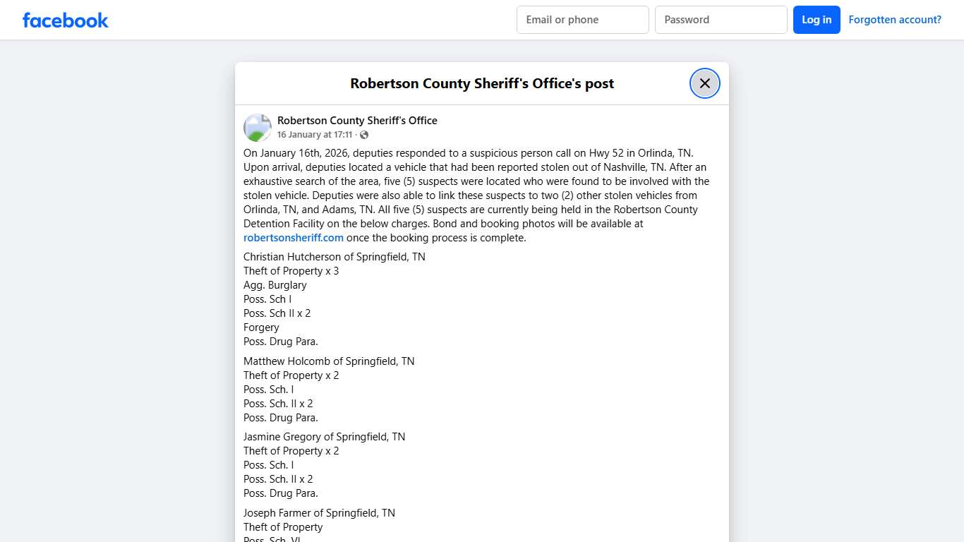 On January 16th, 2026,... - Robertson County Sheriff's Office Facebook