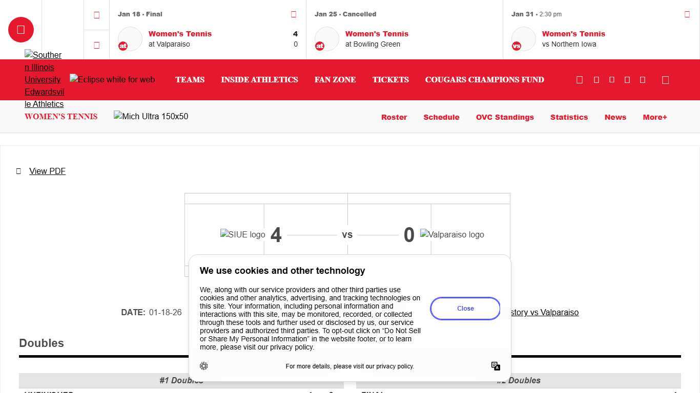Women's Tennis vs Valparaiso on 1/18/2026 - Box Score - SIUE